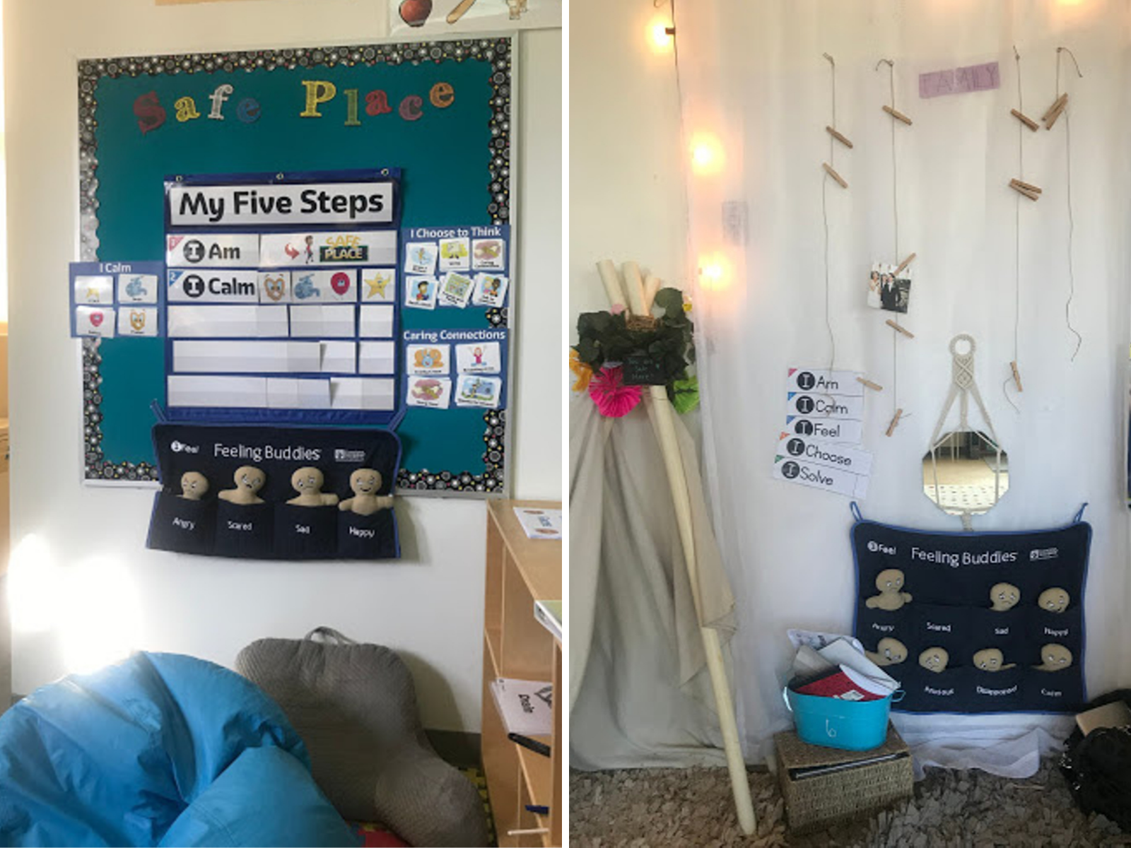 Left: Heather Murphy's kindergarten "safe place" at Langley. Right: Sarah Blair's fourth grade "safe place." (Emily Tate / EdSurge)