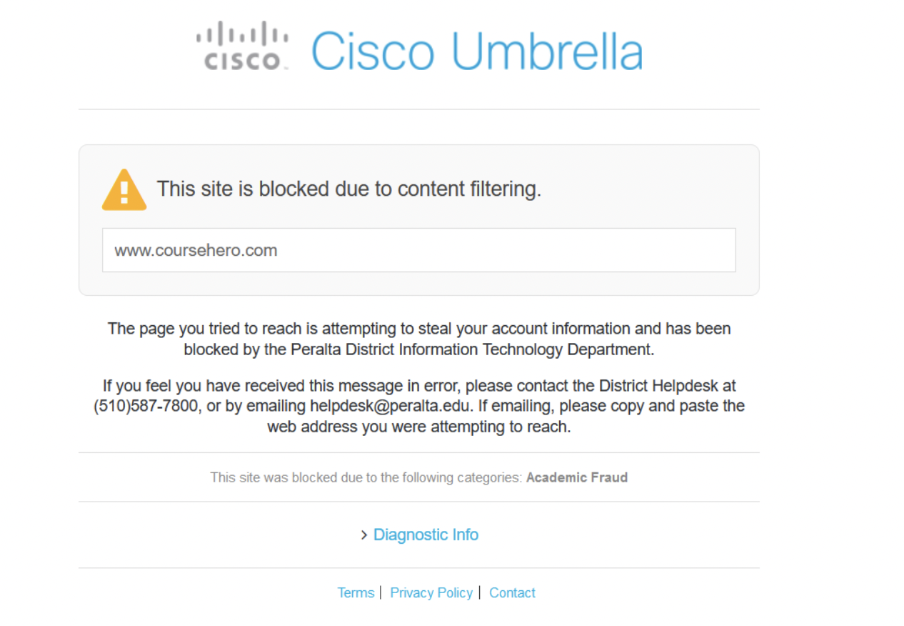 Screenshot of content being blocked by an IT filter because of Course Hero's domain.