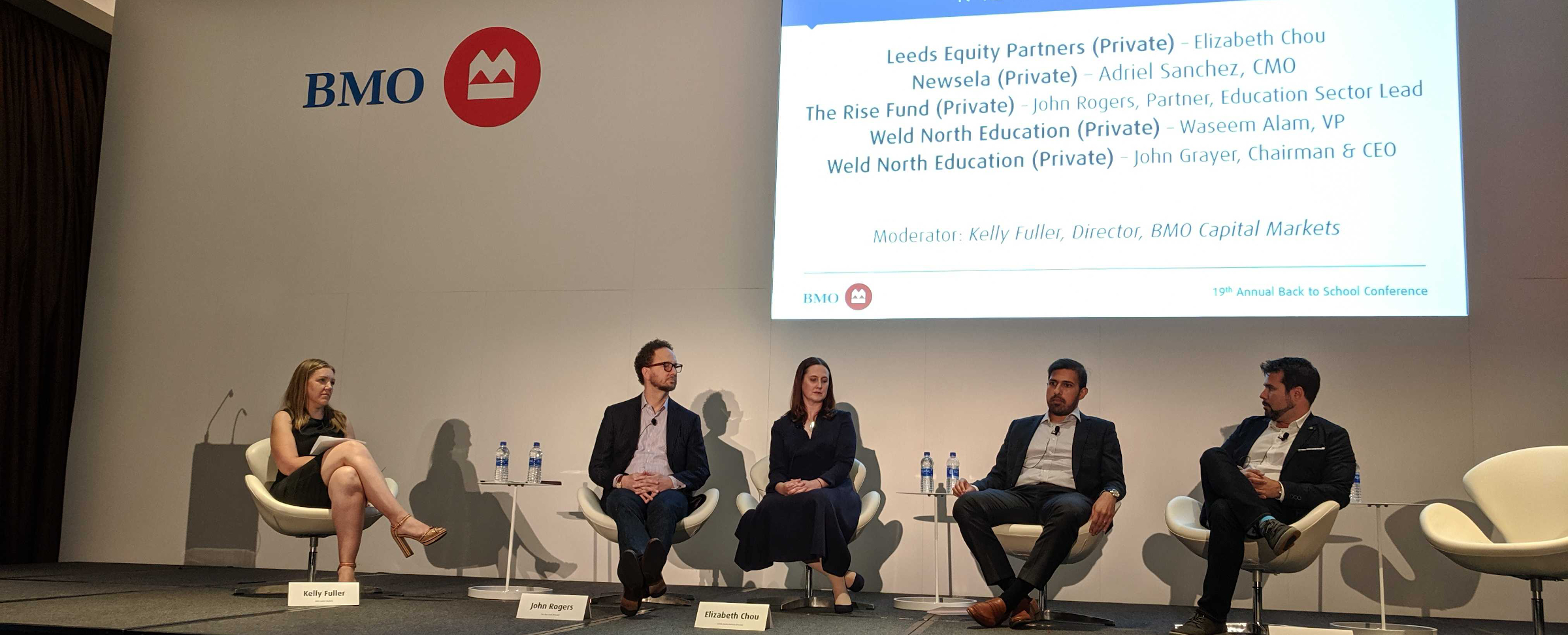 From left: Kelly Fuller (BMO), John Rogers (The Rise Fund), Elizabeth Chou (Leeds Equity Partners), Waseem Alam (Weld North Education), Adriel Sanchez (Newsela)