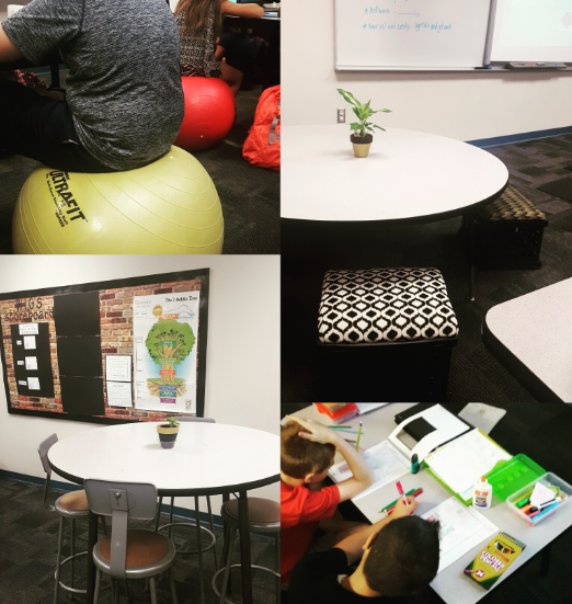 Varying options for new classroom setups, including tables for group work (bottom righthand corner) and bouncy balls for flexible seating (upper lefthand corner). (Jamie Schnepp)