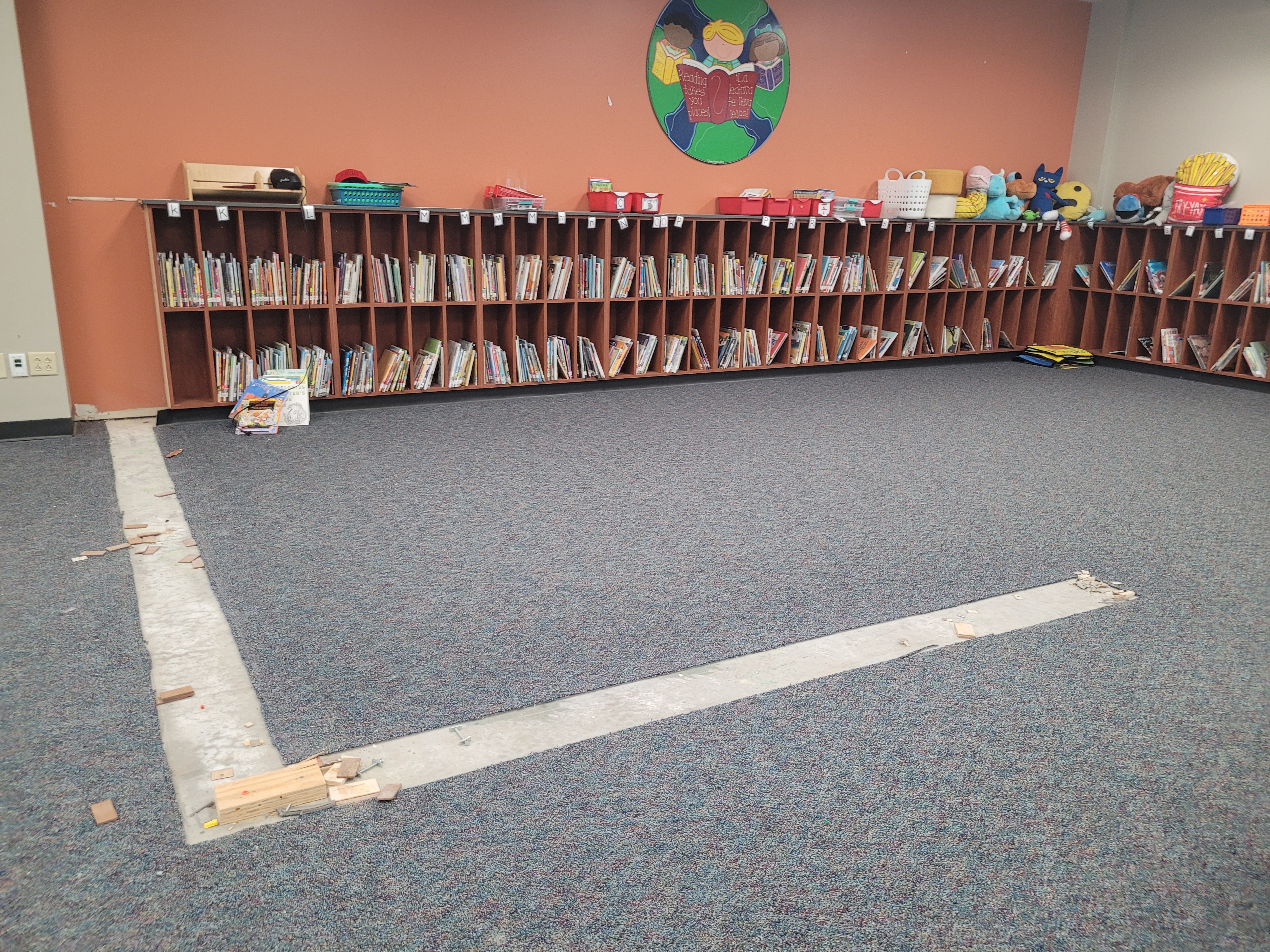 The library at Almeda Elementary after bookshelves were removed. Photo courtesy of Brandie Dowda.