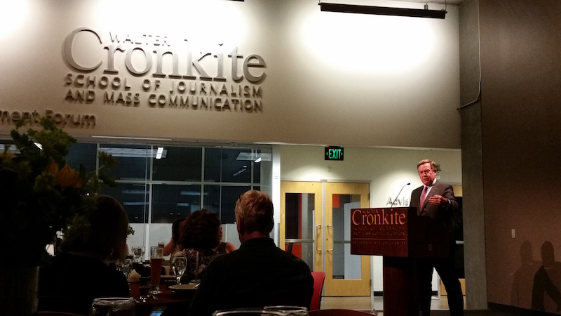 ASU President Michael Crow keynotes a dinner reception at EWA's higher education seminar hosted in Tempe, Ariz. (Antoinette Siu)
