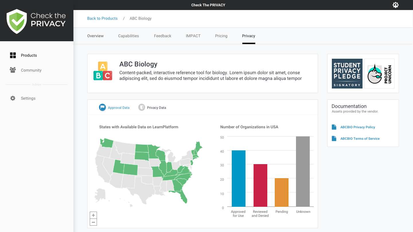 A screenshot of Check the Privacy's searchable library of more than 7,000 edtech products.