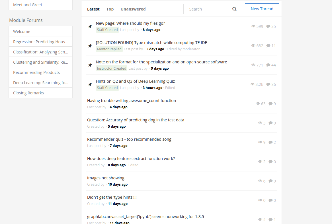 Screenshot of forums in a Coursera machine learning class I was taking early this year. There’s only been one post in the last 24 hours; every other post is more than three days old.