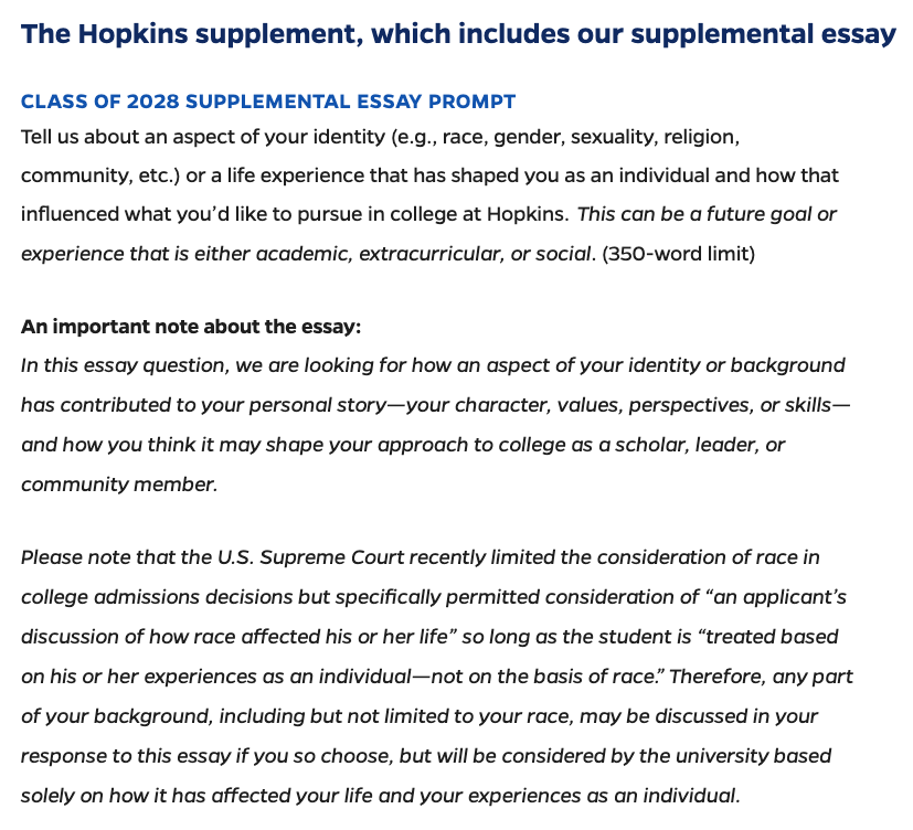 Class of 2028 supplemental essay prompt. Source: Johns Hopkins University .