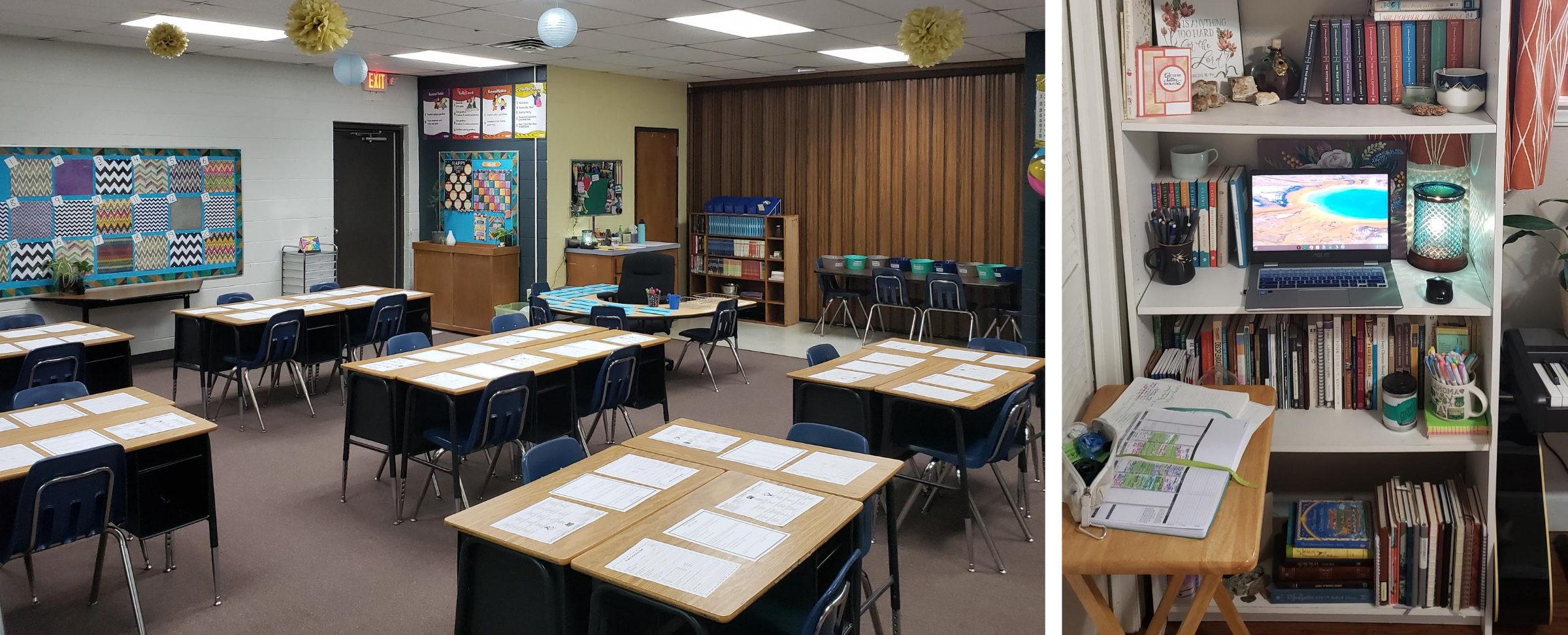 Left: Kristen Stein's classroom in Choctaw, Okla. Right: Her remote teaching setup from the spring, using a bookshelf as a desk. (Courtesy of Kristen Stein)
