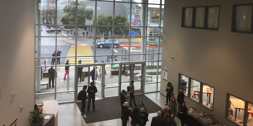 Overlooking the entrance of Design Tech High School from the second floor. Photo credit: Tina Nazerian