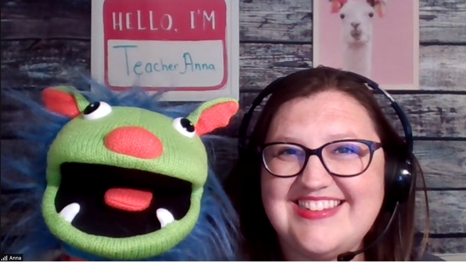 Anna Whitehead, a high school teacher in Alabama and former online tutor with GoGoKid, poses with a puppet she used during English-language lessons with children in China. (Screenshot from Zoom)