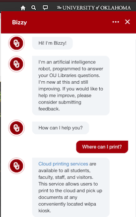 Screenshot of library chatbot