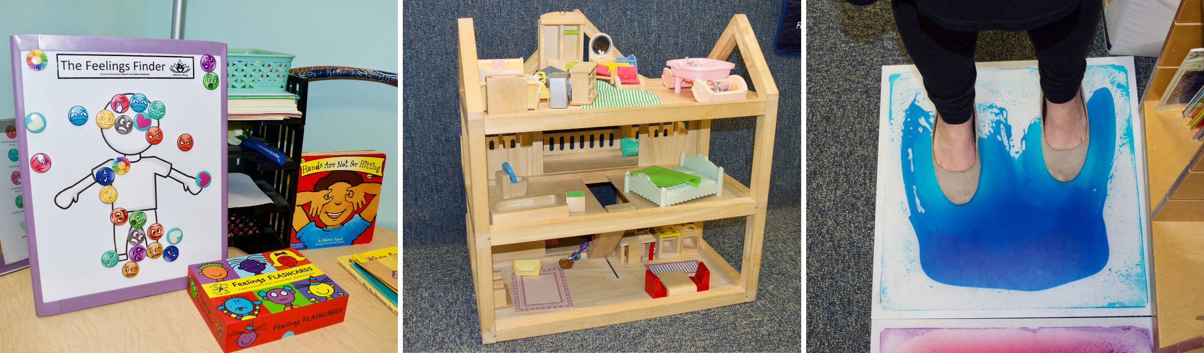 The Feelings Finder, doll house and liquid floor mats in counselor Jennifer Minnick’s office help children work through their trauma. (Emily Tate / EdSurge)
