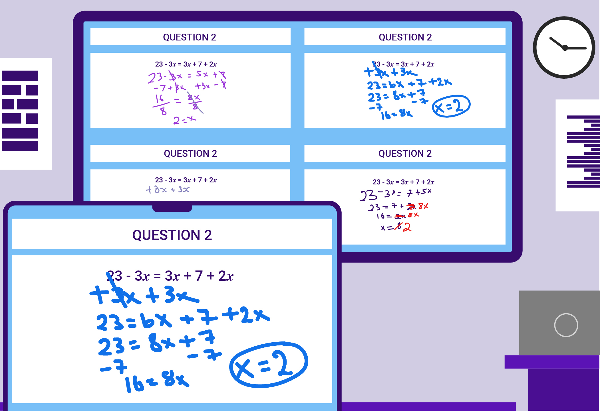 Enabling students to take a screenshot of a math problem a teacher has displayed on the screen, annotate it on their device then share their work with the class invites discussion.