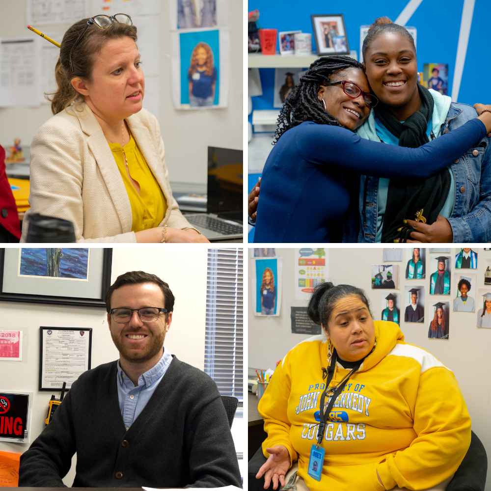 A team of adults supports students at the NET. From left, clockwise: Elizabeth Ostberg, executive director; Raven Davis, receptionist and Nickerson's cousin; Kim Legaux, school counselor; and Shane Colman, director of operations. Image Credit: Gigsy