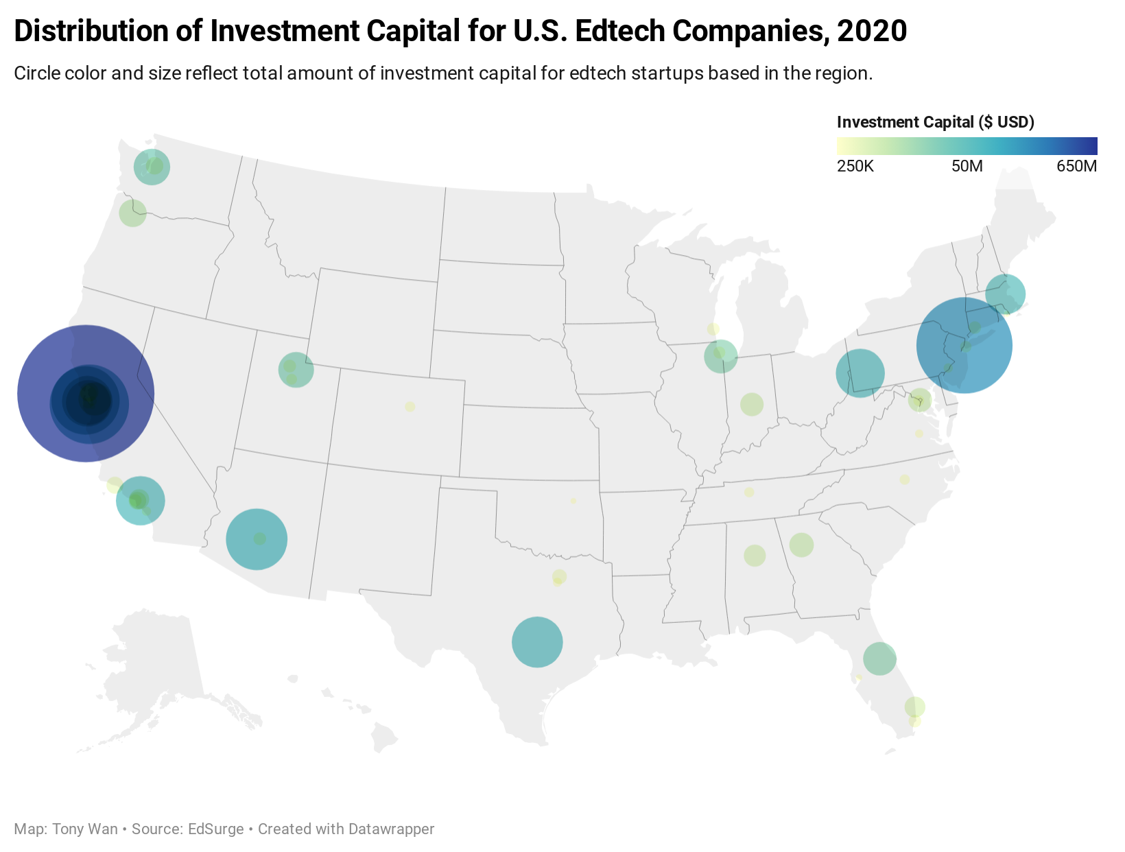 Distribution of US education technology (edtech) investment capital by geography