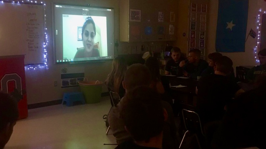Ghenwah Kharbeet, a Syrian refugee living in Turkey, tells high school students in Greenup, Ky., about her life and family. (Image credit: Jill Armstrong)