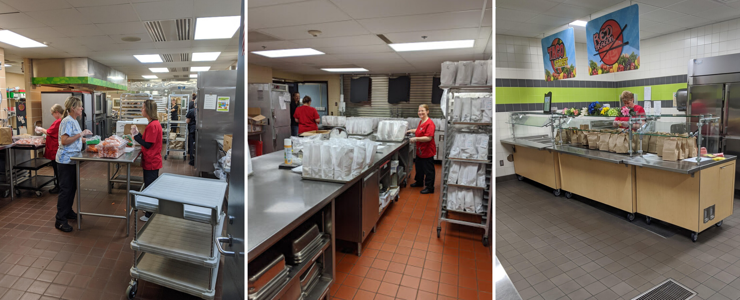 Food service workers at ISD 728 prepare meals and place them into individual bags for the day's pickup. (Credit: ISD 728)