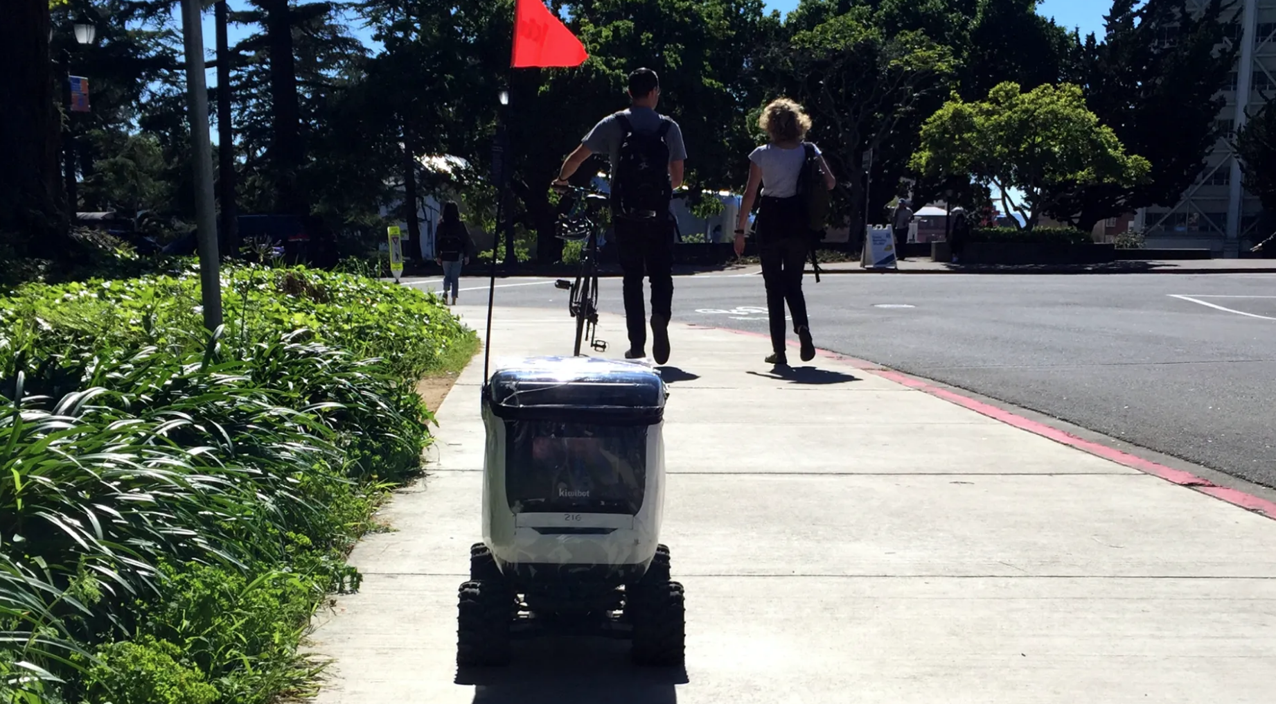 A food delivering KiwiBot at UC Berkeley. (Photo Credit: Sydney Johnson)