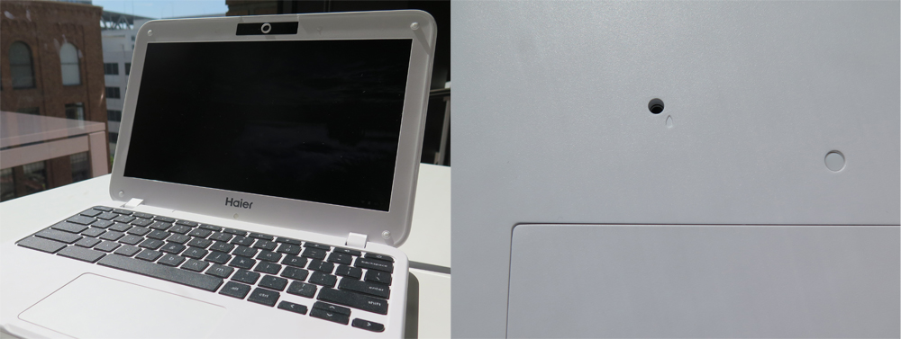 Haier Chromebook 11e, and the spill hole at the bottom