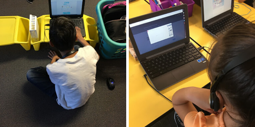 Left: A third grader works on adaptive software in a station rotation blended learning classroom; Right: A third grader designs her own company logo as part of an assignment from her Google Classroom playlist. (Credit: Claire Cummings)