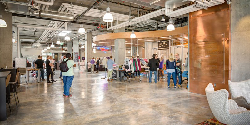 University of Utah students convene in the open-community innovation space on the ground floor of Neeleman Hangar at Lassonde Studios. (Photo credit: Tim Hursley)