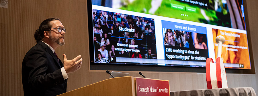 Norman Bier, director of Carnegie Mellon University’s Open Learning Initiative, speaks at the Empirical Educator Project’s 2019 Summit during the unveiling of the OpenSimon Toolkit. (Image and caption: CMU)