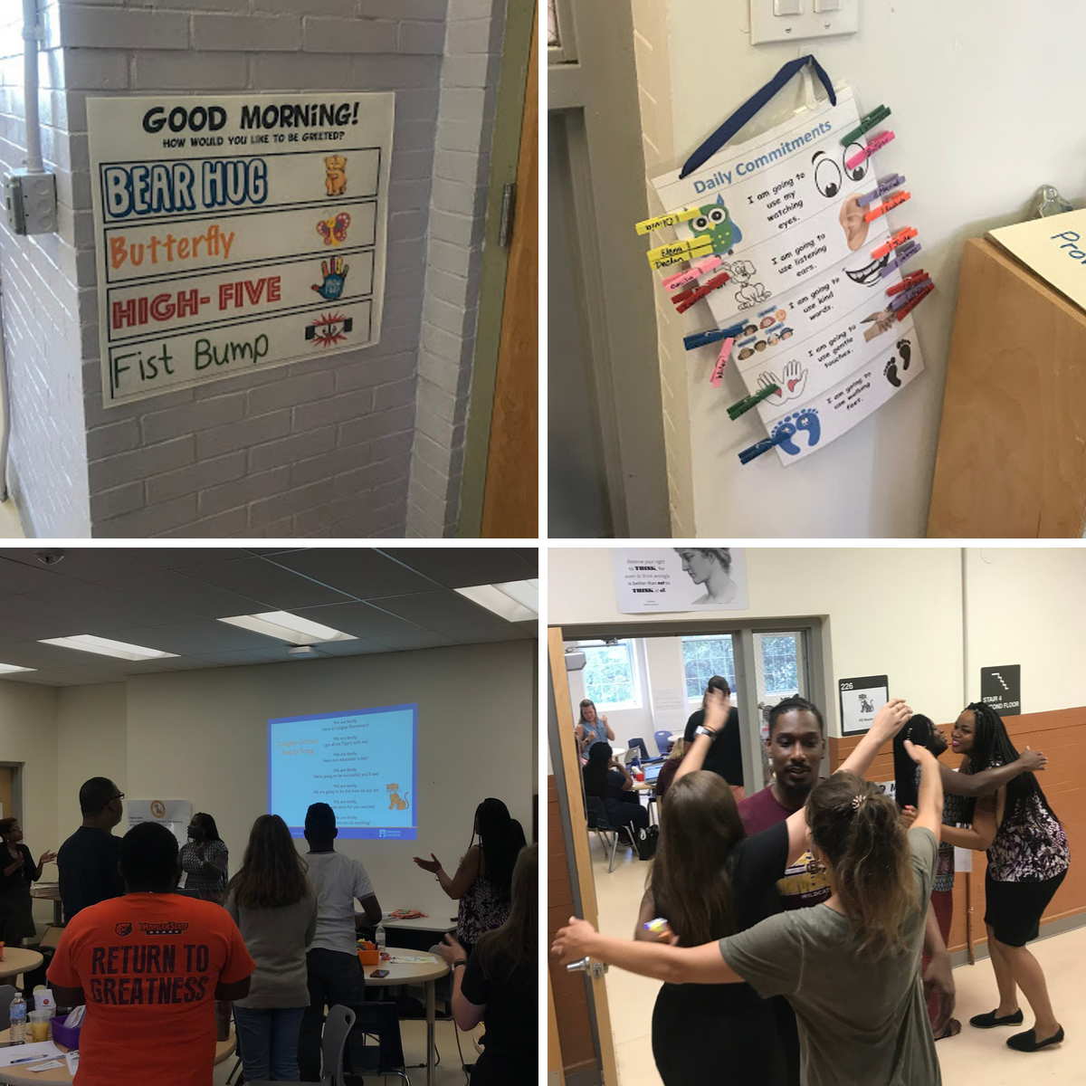 Above: Visual reminders for Conscious Discipline strategies line the hallways. Below: New and returning teachers undergo Conscious Discipline training in the summer. (Emily Tate / EdSurge)