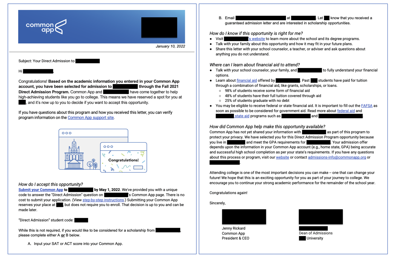 An example of a direct admission letter.