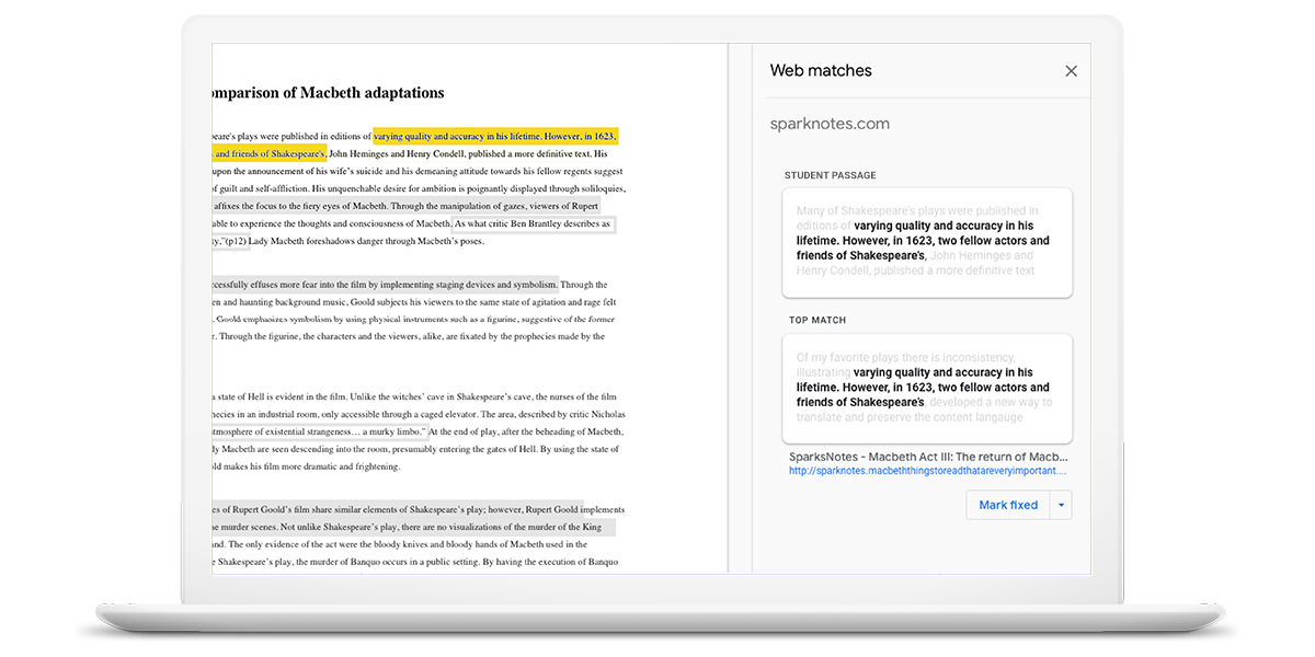 Screenshot of Google’s originality report.