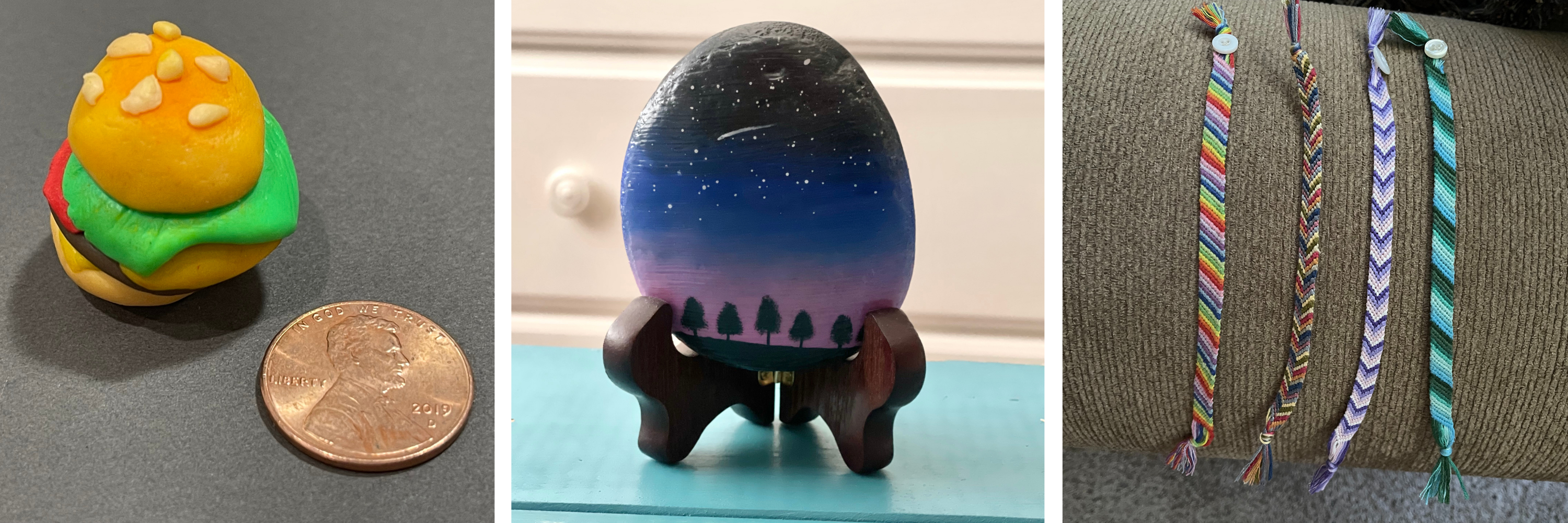 Some of the crafts Kali Klingler enjoys making at home. Left: A miniature hamburger made of polymer clay. Center: A starry scene painted onto a rock. Right: Handmade friendship bracelets. (Provided)