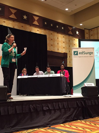 EdSurge CEO Betsy Corcoran kicks off the Teacher Tank--with a shark fin in tow.