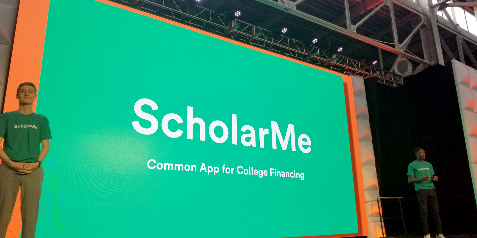 ScholarMe head of development Evan Farrell, left, and head of product Femi Adebogun talk about their startup, which provides a common application for college scholarships.