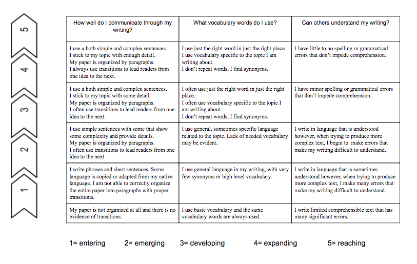 Click here to see a sample ESL level 2 student produced rubric.