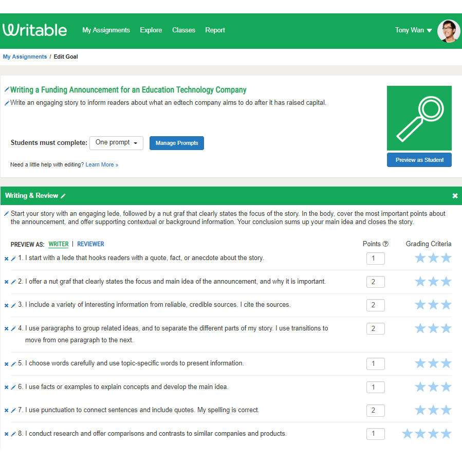 Screenshot of assignment rubric in Writable