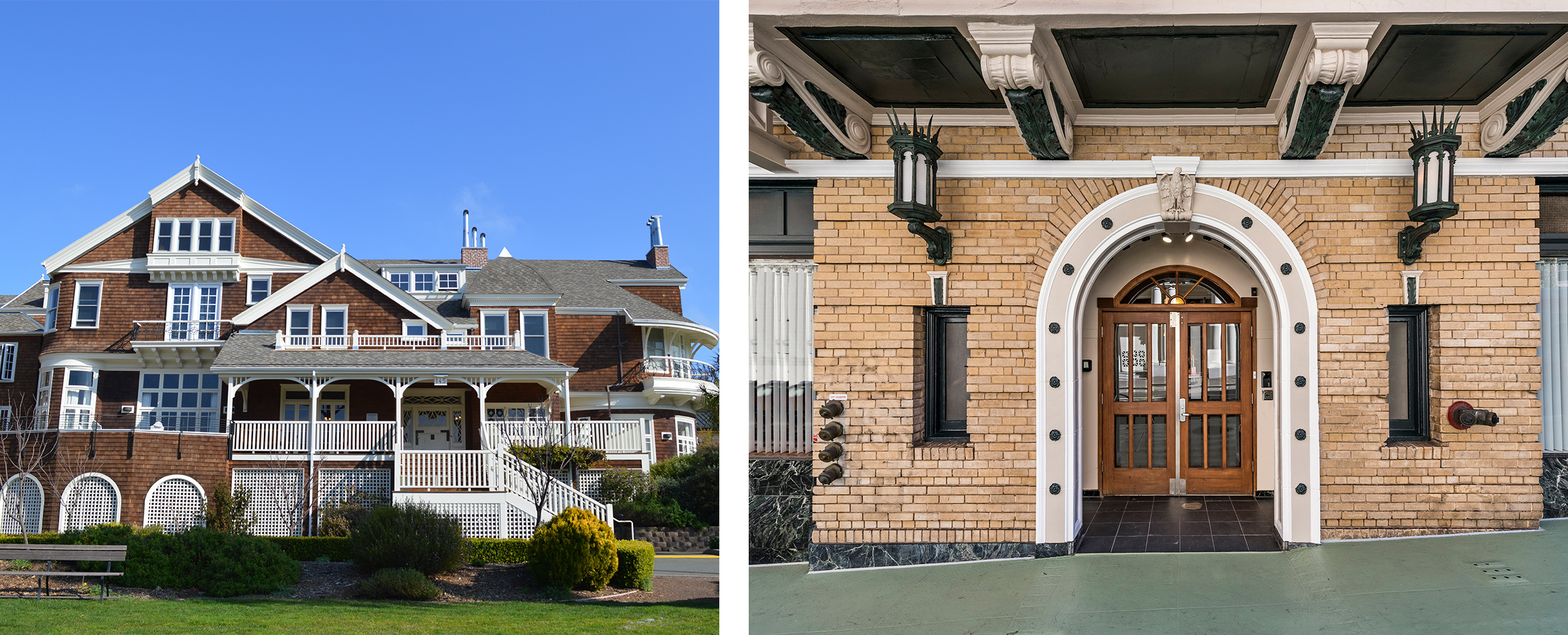 Left: Meadowlands Hall at Dominican University (Sydney Johnson) Right: Entrance to Make School on Post Street in San Francisco (Make School)