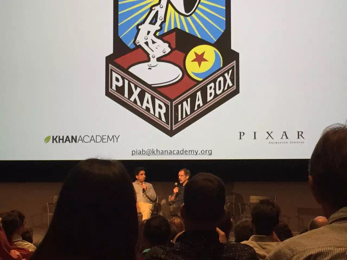 Sal Khan and Ed Catmull at the Pixar in a Box announcement August 2015