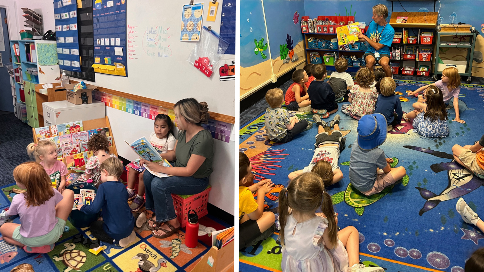 Children sit and listen during story time in two classes of the Jump Start Kindergarten program. (Photo courtesy of Phoenix-Talent School District.)