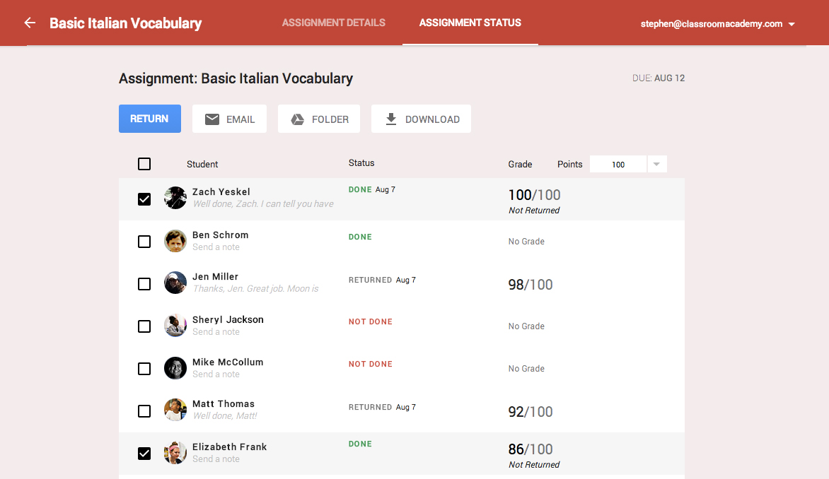 An assignment dashboard