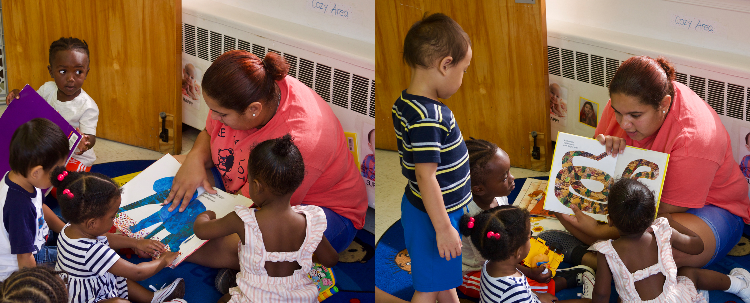During story time, Mercedes-Perez reads to the children, who range in age from 12 to 35 months. She is developing more than 220 competencies as part of her apprenticeship. (Emily Tate / EdSurge)