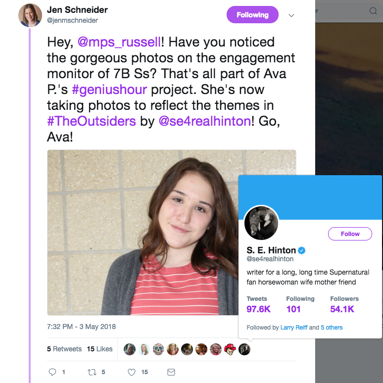 S.E. Hinton retweet's about Ava's photography
