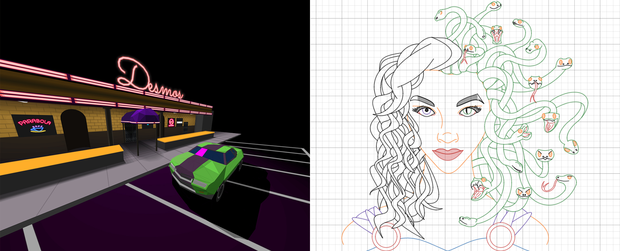 Desmos art contest submissions: “Desmos Bar” by Ezra Oppenheimer (left) and “Victim Turned Villain” by Grace Kanaley (right)