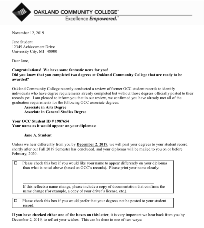 This is an example of the kind of note Oakland Community College sends to former students who earned degrees without realizing it.