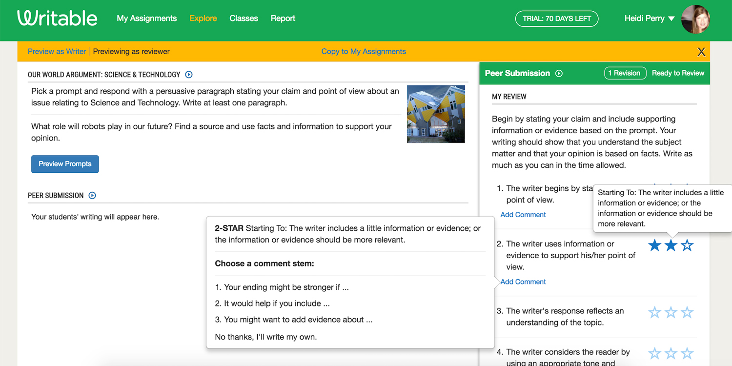 Screenshot of peer feedback on Writable