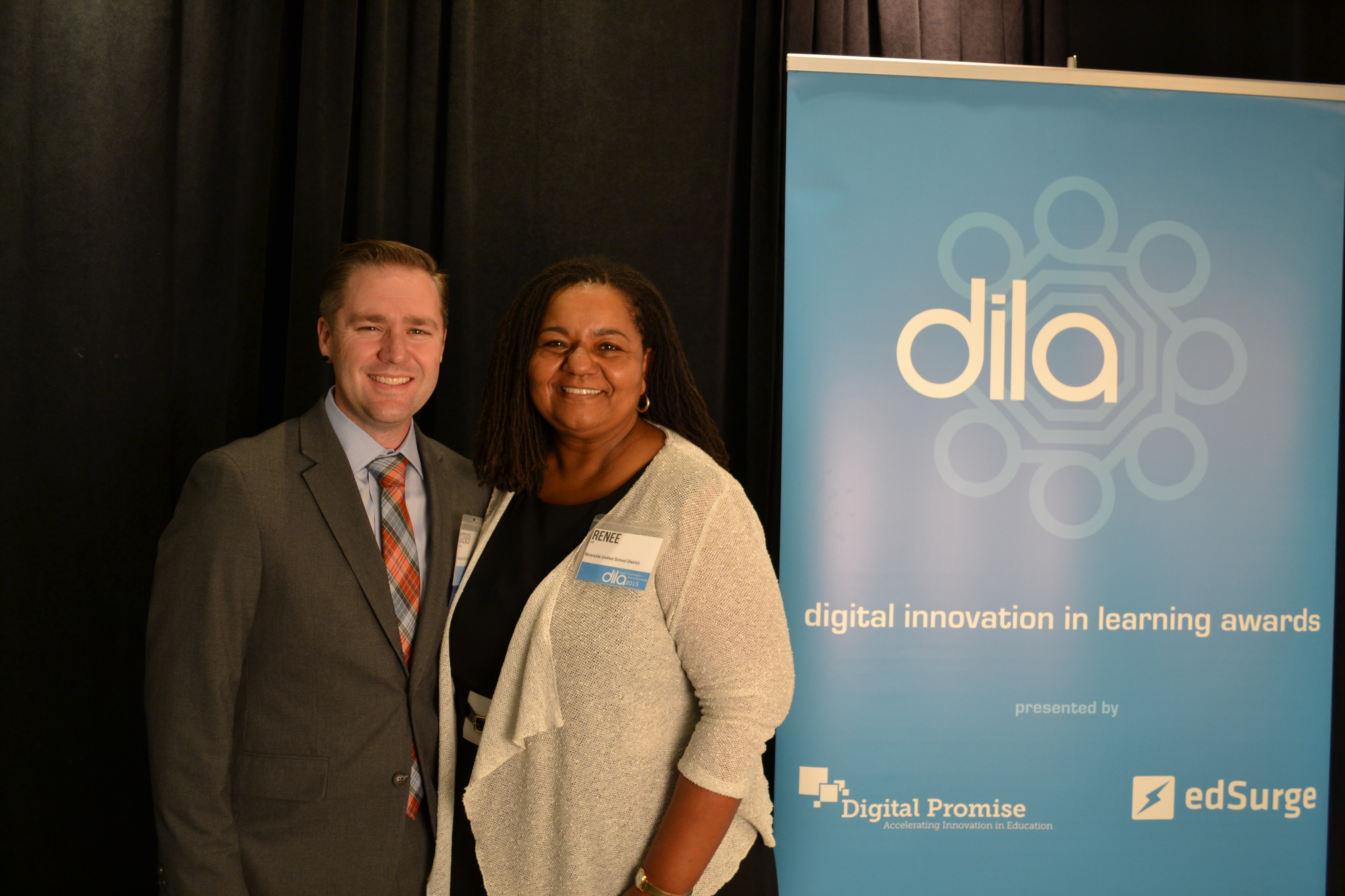 Riverside Unified School District's Renee Hill (R) and Steven Dunlap (L), winner of the "Power to the People" Administrator award.