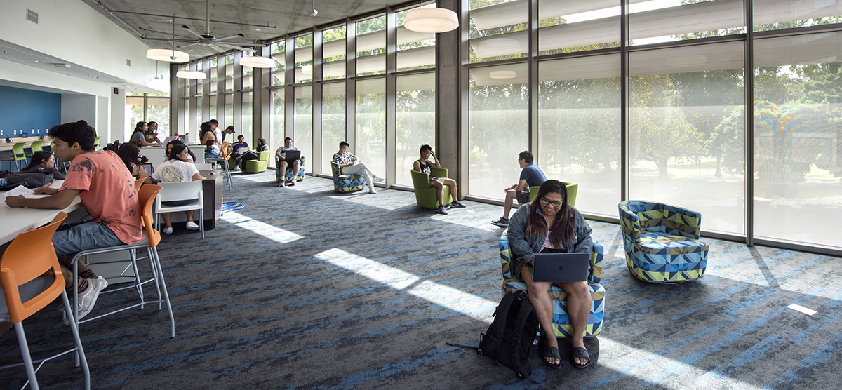 Students gather in study lounges at UC Irvine's active learning hub. (Photo credit: Steve Zylius/UCI)
