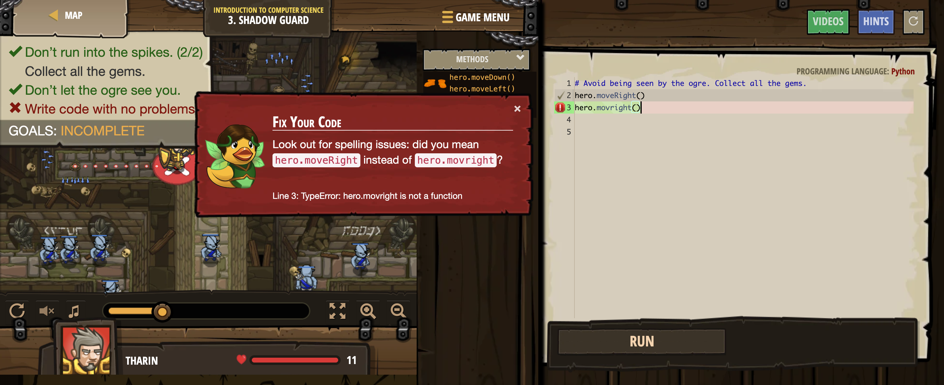 The code editor offers helpful nudges to novice programmers. (credit: CodeCombat)