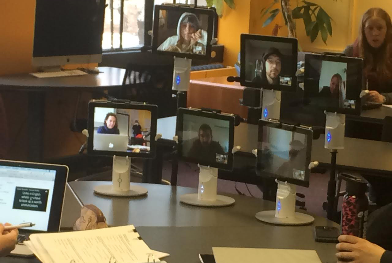 Distance learners on Kubi's and in-person students work together in Bouchard's classroom. Image credit Jean Bouchard, University of Colorado, Boulder