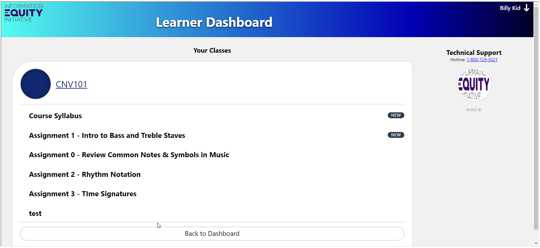 IEI learner dashboard student view