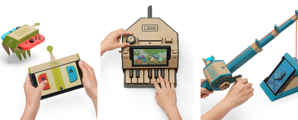 Some of the creations available through Nintendo Labo. From left: RC car, piano, fishing rod. (Image credit: Nintendo)