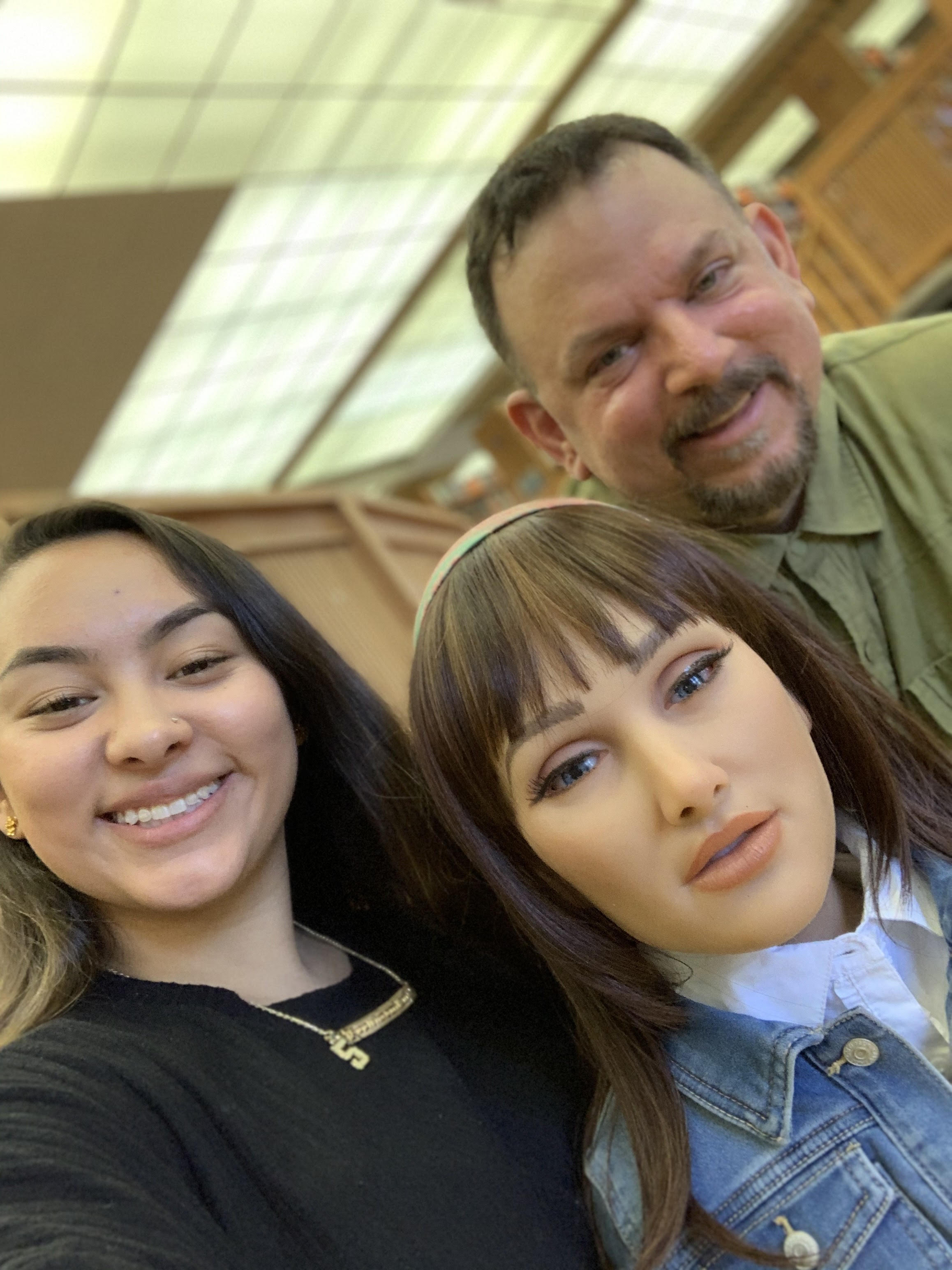 Student Lauren Lopez with Maria Bot and instructor William Barry. / Courtesy of William Barry.