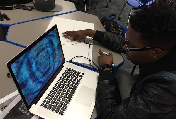 A student using Panoramical on a laptop and Arduino on a Touch Board MIDI controller; Image: Nettrice Gaskins