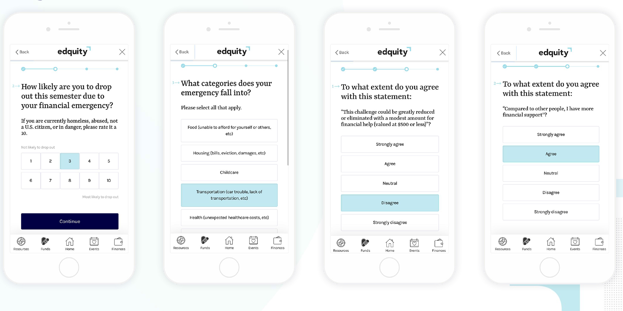 Screenshots of questions on Edquity’s emergency aid application app. (Image credit: Edquity)